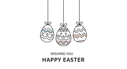Three decorated Easter eggs hanging from strings with a cheerful Wishing You Happy Easter message on a white background.
