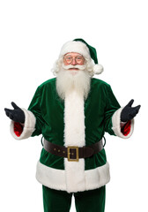 Elderly caucasian Santa Claus (70s-80s) in vibrant green velvet suit, white fur trim, spectacles, spreading arms on transparent studio background, conveying welcoming Christmas cheer