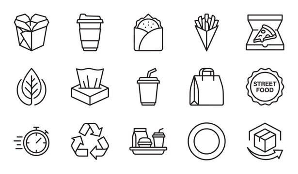 Set of black line icons for street food, fast food delivery, and takeaway services, featuring symbols for packaging, meals, drinks, recycling, and express service