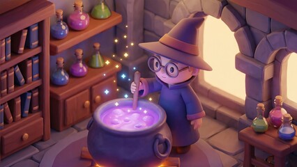 Student wizard stirring glowing purple potion in a cauldron. Fantasy-themed animation for educational or storytelling material. Magical experiment.