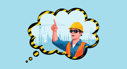 Illustration of a male construction worker in safety gear pointing upwards within a thought bubble over a city skyline.