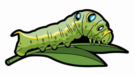 Obraz premium A cartoon caterpillar with blue and yellow eyes crawls on a green leaf