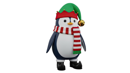 Christmas Penguin Wearing Elf Hat and Scarf