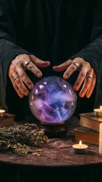 Mysterious hands hover over glowing crystal ball amidst candlelit herbs and books. Loop
