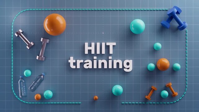 3D HIIT Training Text Animation with Gym Equipment. Fitness Training Concept for Sports Coaching, Workout Tutorials and High Intensity Intervals.