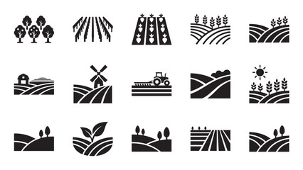 Set of black farm and agriculture icons showing various rural scenes like fields, a tractor, a windmill, and crops in a simple glyph style collection for design