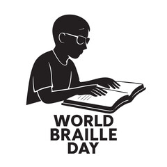 World Braille Day silhouette illustration of blind person reading braille book accessibility awareness vector