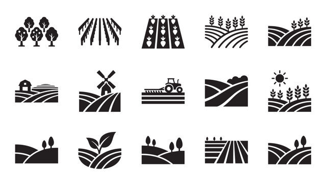 Set of black farm and agriculture icons showing various rural scenes like fields, a tractor, a windmill, and crops in a simple glyph style collection for design