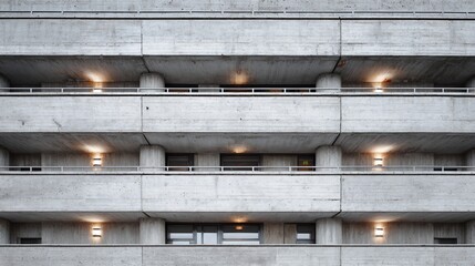 Naklejka premium Concrete building facade with glowing lights on balconies, modern architecture, urban background