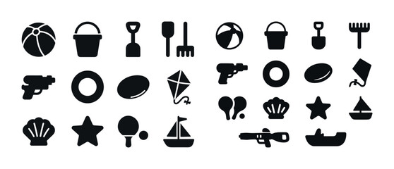 Obraz premium Beach and playground icons: balls, toys, boats, kites, shovels, rakes in black silhouette