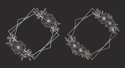 Two elegant diamond shaped frames in gold and silver colors adorned with delicate white hand drawn floral illustrations.