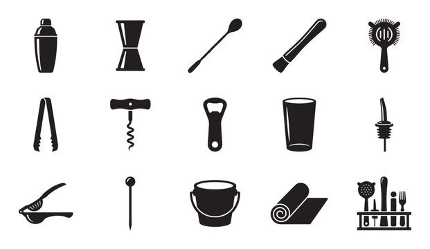 Collection of black barware icons showing various tools for making cocktails, including a shaker, jigger, strainer, and muddler, presented as a minimalist vector illustration set