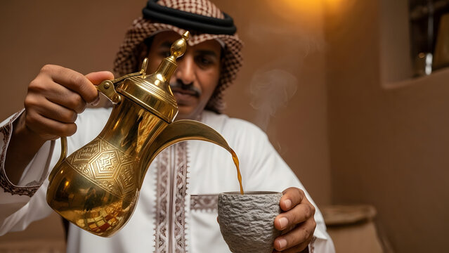A man pours coffee from a unique, ornately designed Najrani-style pot into a traditional stone-carved cup, a gesture of authentic Arabian hospitality.

