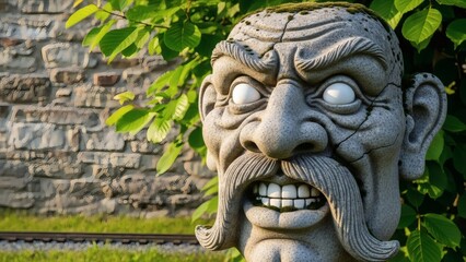 Obraz premium Stone face guardian watches over garden with greenery, and and weathered wall.