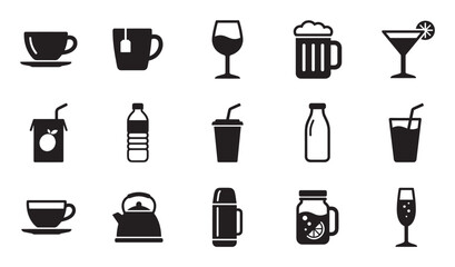 Set of black drink and beverage icons featuring coffee, tea, wine, beer, cocktails, and soft drinks in various glassware and containers in a simple minimalist pictogram style