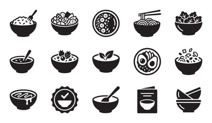 Fototapeta na wymiar Collection of black food bowl icons showing various meals like noodles, salad, rice, soup, and breakfast in a simple minimalist glyph style for restaurant menus and apps