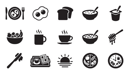 Collection of black breakfast food icons showing various morning meal items like eggs, toast, coffee, fruit, and cereal in a simple flat vector glyph style for design