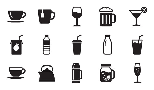 Set of black drink and beverage icons featuring coffee, tea, wine, beer, cocktails, and soft drinks in various glassware and containers in a simple minimalist pictogram style