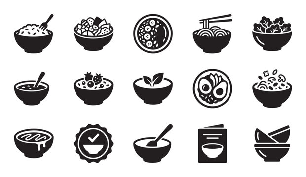 Collection of black food bowl icons showing various meals like noodles, salad, rice, soup, and breakfast in a simple minimalist glyph style for restaurant menus and apps
