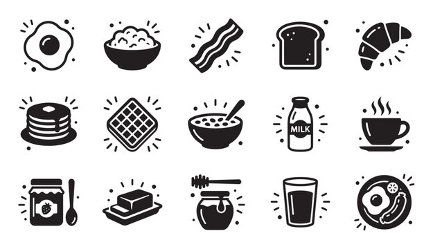 Set of fifteen black breakfast food icons including pancakes, waffles, eggs, bacon, cereal, coffee, and milk in a clean, minimalist vector illustration style