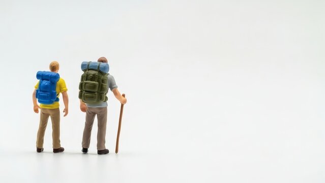 Miniature Hikers Endless Journey on White Background.