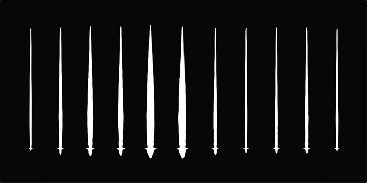 Isolated vector illustration set of sharp steel kitchen tools and work equipment silhouettes on a black and white barcode background - Powered by Adobe