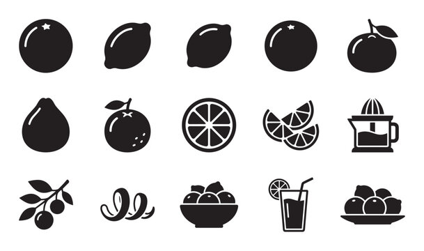 Set of black citrus fruit icons showing whole lemons, oranges, slices, wedges, juice, and a squeezer in a simple, minimalist graphic vector style for food and drink concepts