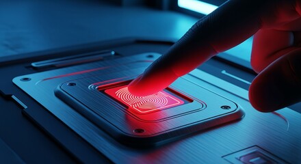 Close-up of a finger pressing a futuristic fingerprint scanner with a bright red glow, symbolizing biometric authentication and advanced security.