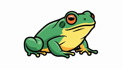 Fototapeta premium A cartoon frog, green with yellow belly, bright orange eyes, and black outlines