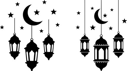 Islamic Lanterns and Crescent Moon Silhouette - Ramadan and Eid Decoration Vector Set