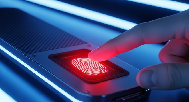 Close-up of a finger touching a red illuminated scanner for biometric fingerprint identification, futuristic technology concept. - Powered by Adobe