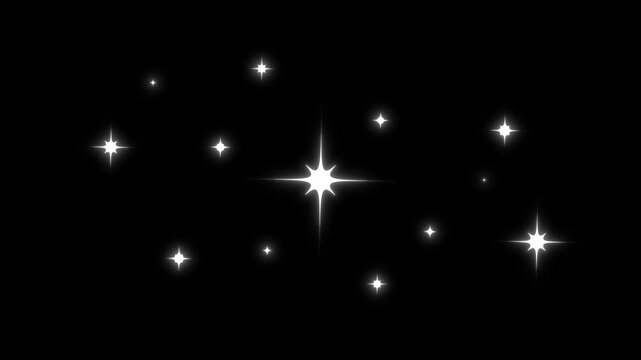 Glowing glitter sparkle star animation, twinkling magic dust, fairy sparkle stars, shimmer particles motion, twinkling white cartoon stars, twinkle sparkling star shine animation on black screen. 4k