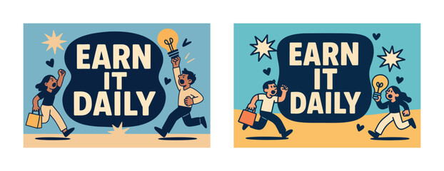 Motivational cartoon with diverse characters holding light bulbs and bags