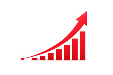 Red bar graph showing financial growth with increasing market trend and rising success arrow on transparent background