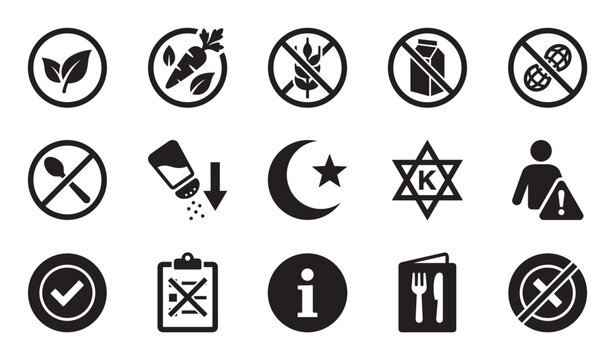 Set of black food icons for dietary restrictions, allergies, and religious certifications like vegan, gluten-free, halal, and kosher, presented as simple vector graphics for packaging