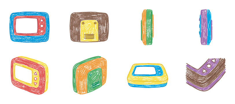 Collection of colorful retro electronic pagers and beepers is illustrated in a charming, hand-drawn crayon style, showcasing various vintage communication devices from different angles