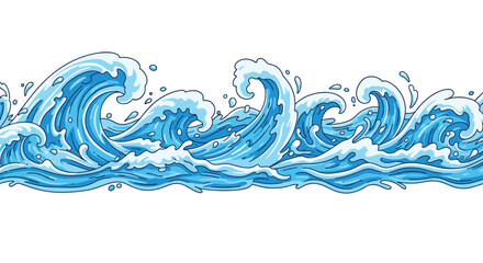 Dynamic illustration of several rows of stylized blue ocean waves with white sea foam on a clean white background.