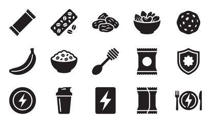 Set of black glyph icons for energy food and healthy snacks, featuring a protein bar, banana, nuts, shaker, and power symbols for nutrition and fitness concepts