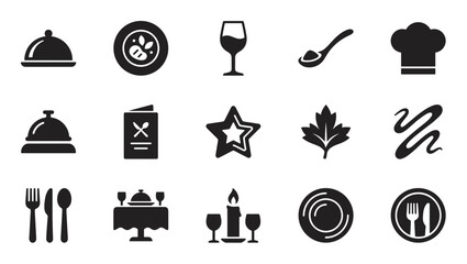 Set of fifteen black restaurant glyph icons representing food, cooking, and fine dining, with symbols for a menu, chef hat, cutlery, wine glass, cloche, and service bell