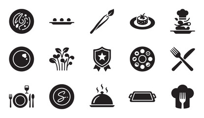 Naklejka na ściany i meble Set of fifteen black silhouette icons for fine dining and haute cuisine, illustrating concepts like gourmet plating, chef's awards, molecular gastronomy, and restaurant service