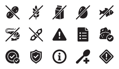 Set of black food allergen icons representing dietary restrictions like gluten, dairy, and nut free, with warning, information, and safety symbols for product labeling