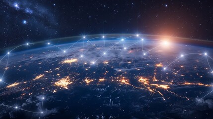 Illuminated globe with city lights and shipping routes showcasing vibrant global trade landscape