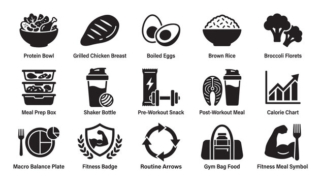 Set of black fitness and nutrition icons representing meal prep, protein sources, workout supplements, and healthy lifestyle concepts in a simple glyph style