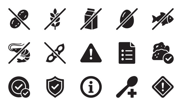 Set of black food allergen icons representing dietary restrictions like gluten, dairy, and nut free, with warning, information, and safety symbols for product labeling