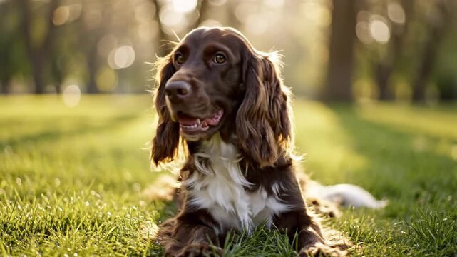 A brown spaniel lies on green grass with trees in the background bathed in golden sunlight