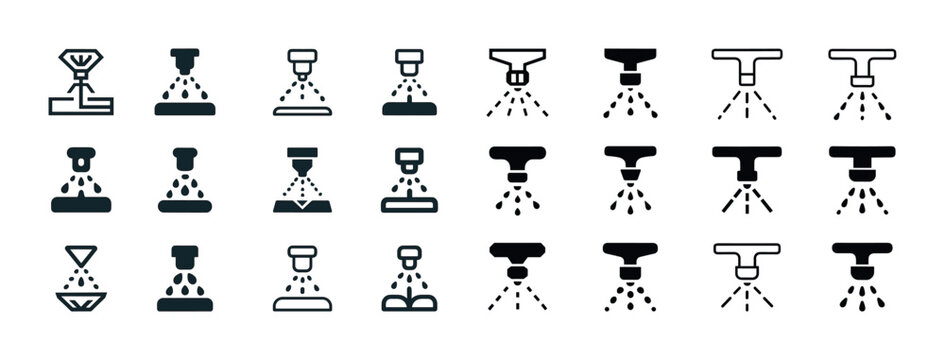 Collection of fire sprinkler system icons in various designs and configurations