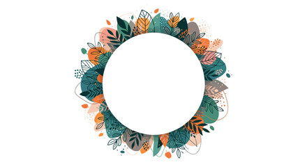 Circular wreath frame made of stylized autumn leaves in shades of orange green and brown surrounding a white center.