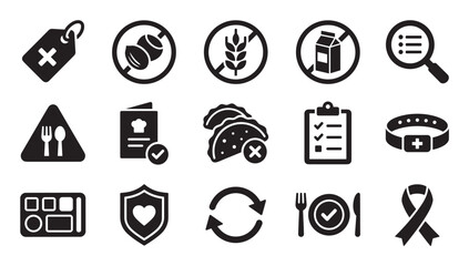 Food allergy and dietary restriction icon set with black glyph symbols for gluten-free, nut-free, lactose-free, medical alerts, and safe ingredient choices for health
