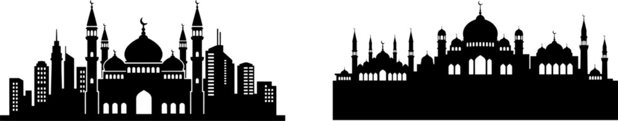 Islamic Cityscape Skyline Silhouette - Mosque and Modern Buildings Architecture Vector