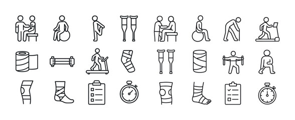 Physical therapy icons: crutches, exercise, rehabilitation activities, equipment